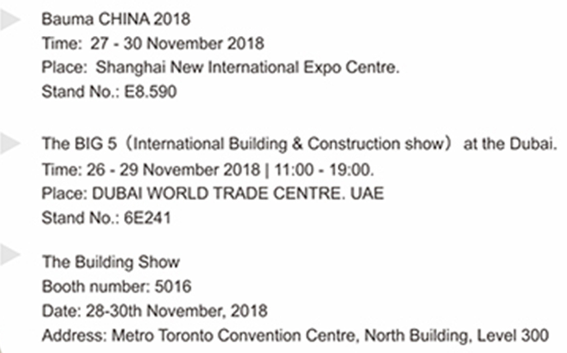 xingyi participou das três principais exposições （bauma china 2018, big5, show de construção） em novembro
